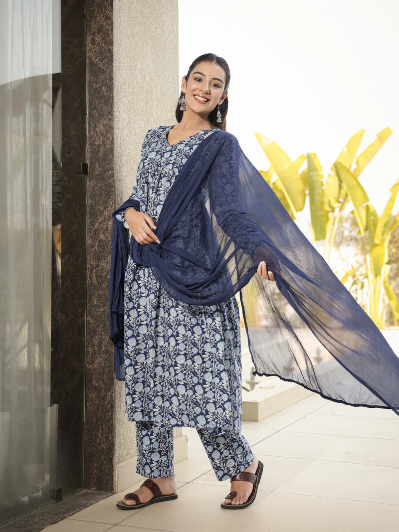 Neerja –  Indigo Floral Cotton Suit Set with Dupatta