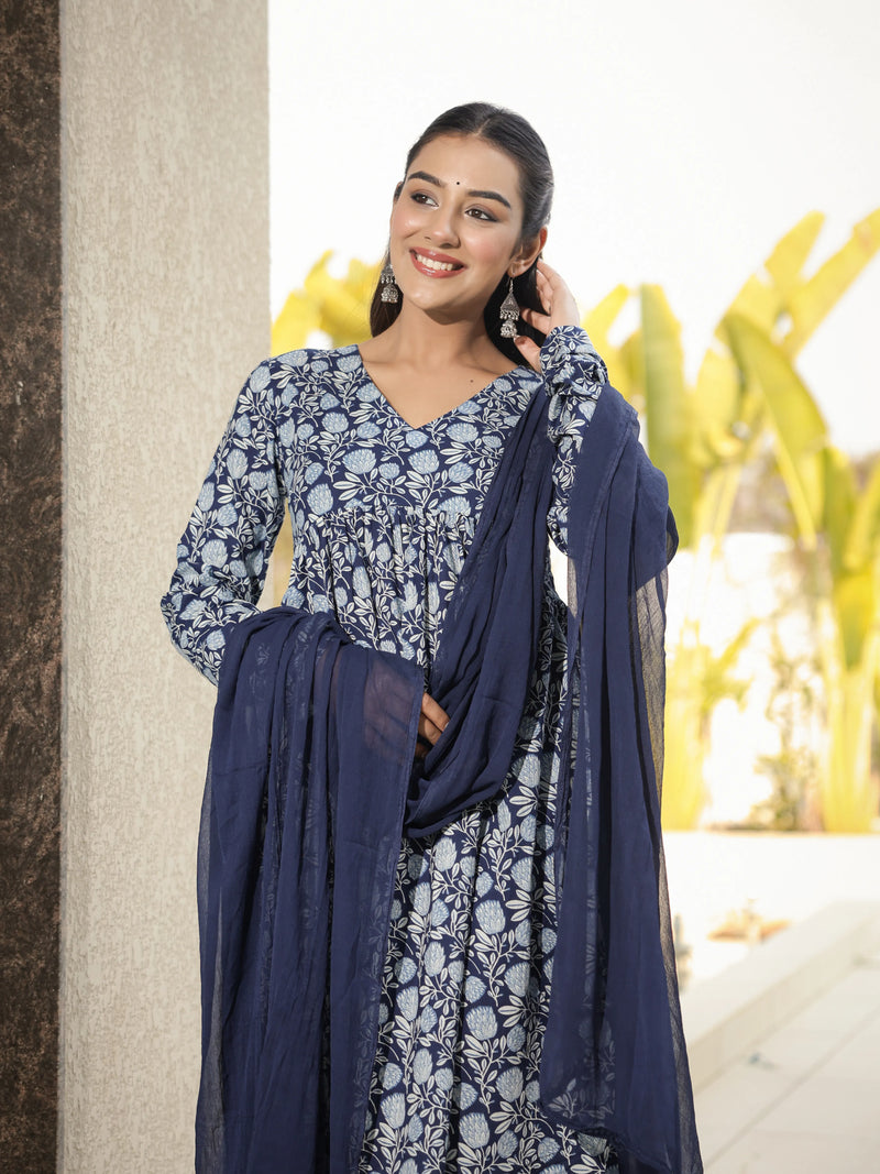 Neerja –  Indigo Floral Cotton Suit Set with Dupatta