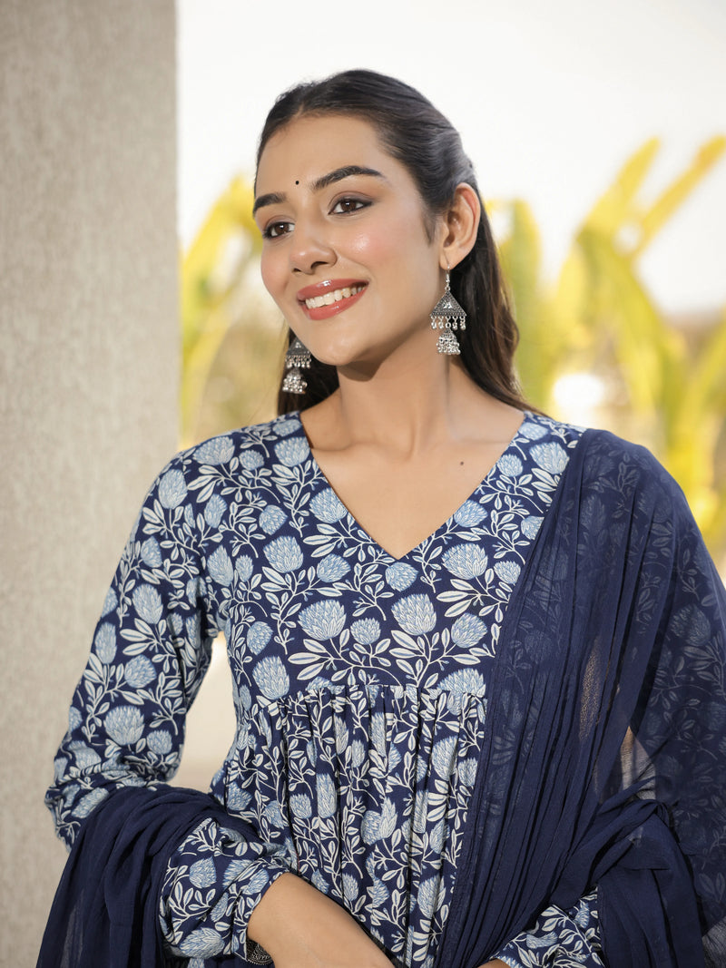 Neerja –  Indigo Floral Cotton Suit Set with Dupatta