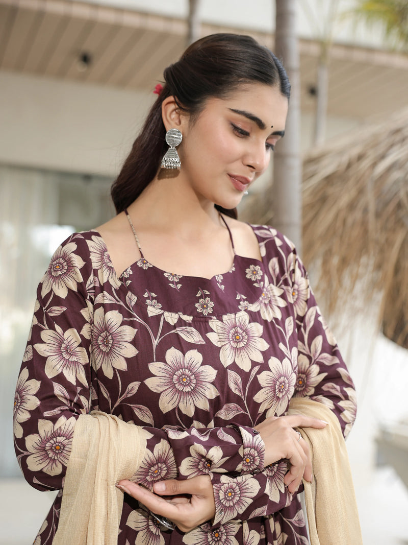 Varnika – Wine Floral Cotton Suit Set