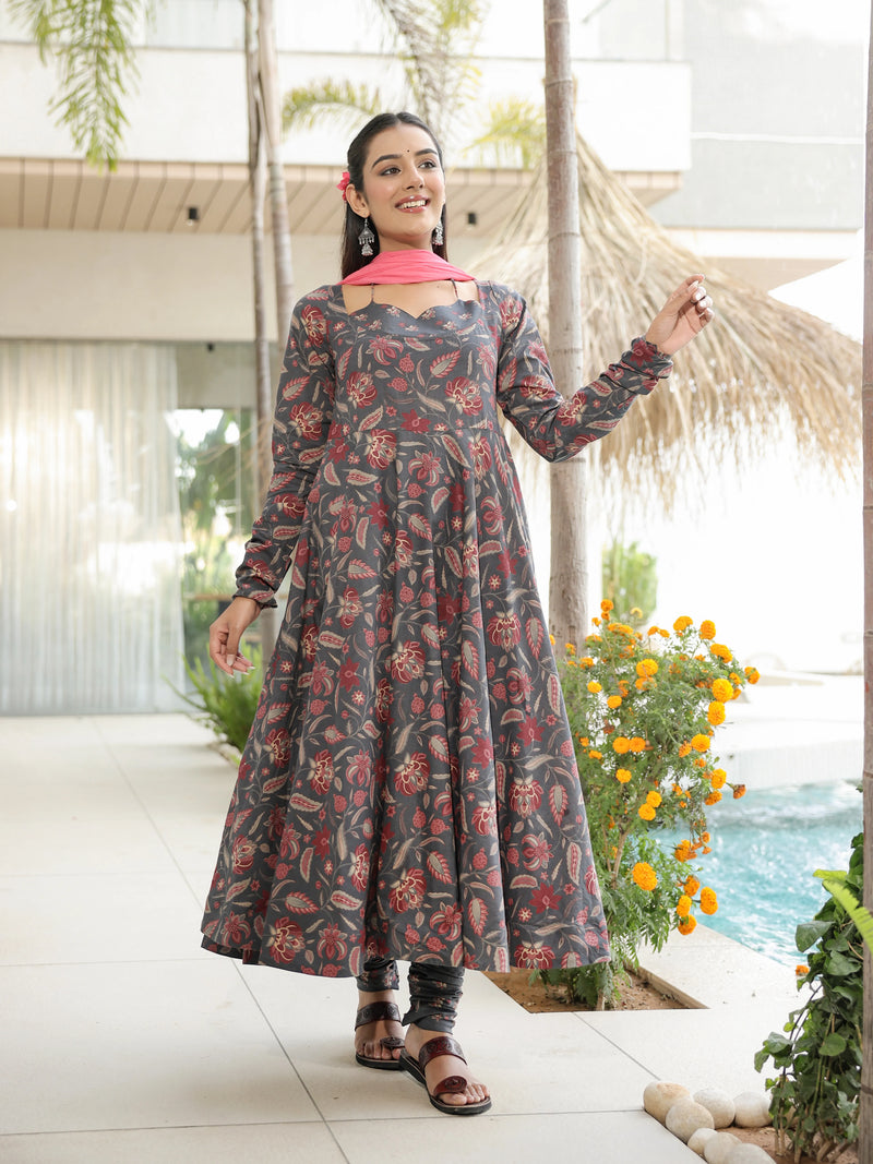 Naira – Charcoal Floral Cotton Suit Set