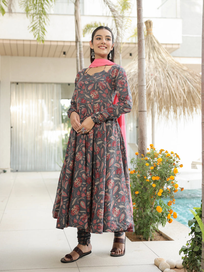 Naira – Charcoal Floral Cotton Suit Set