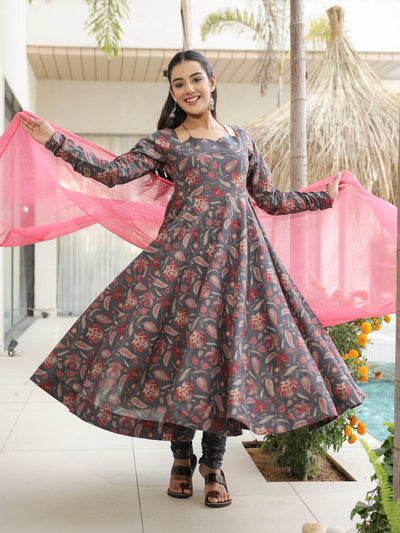 Naira – Charcoal Floral Cotton Suit Set