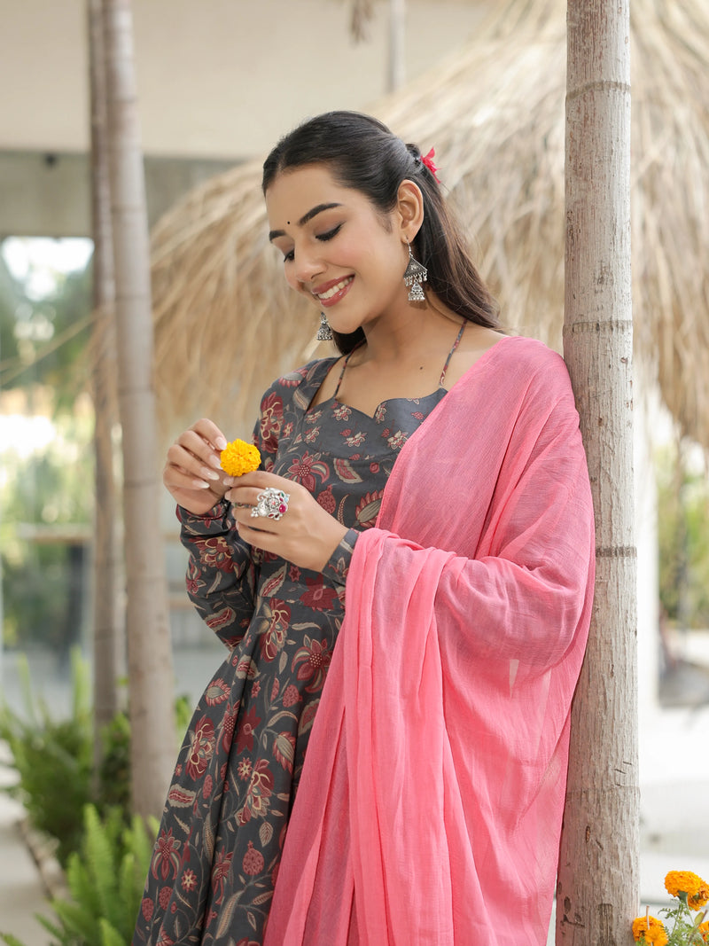 Naira – Charcoal Floral Cotton Suit Set