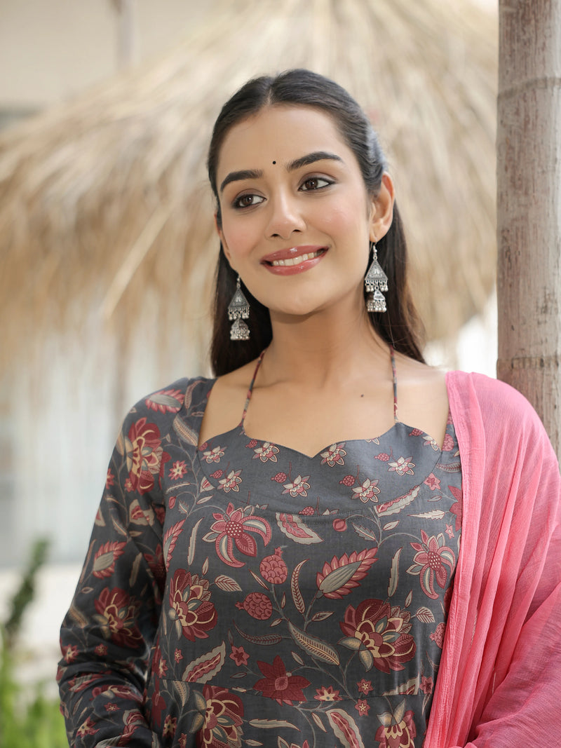 Naira – Charcoal Floral Cotton Suit Set
