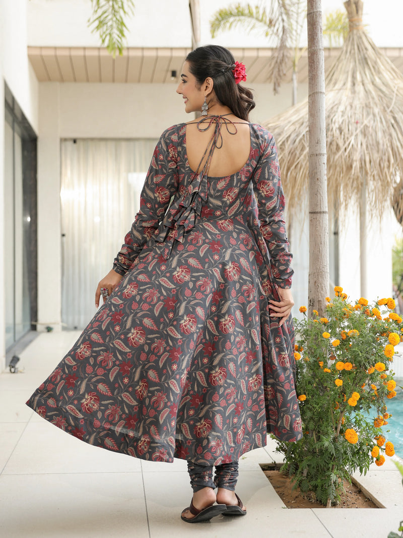 Naira – Charcoal Floral Cotton Suit Set