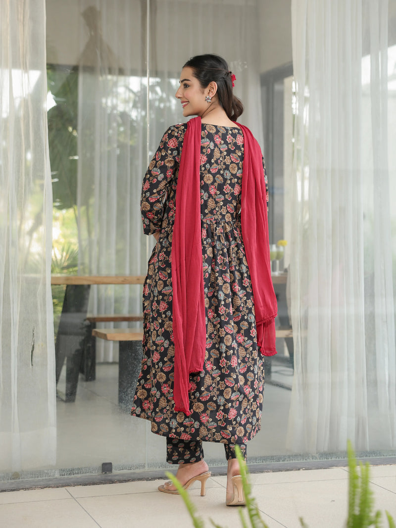 Meera – Black Floral Cotton Suit Set