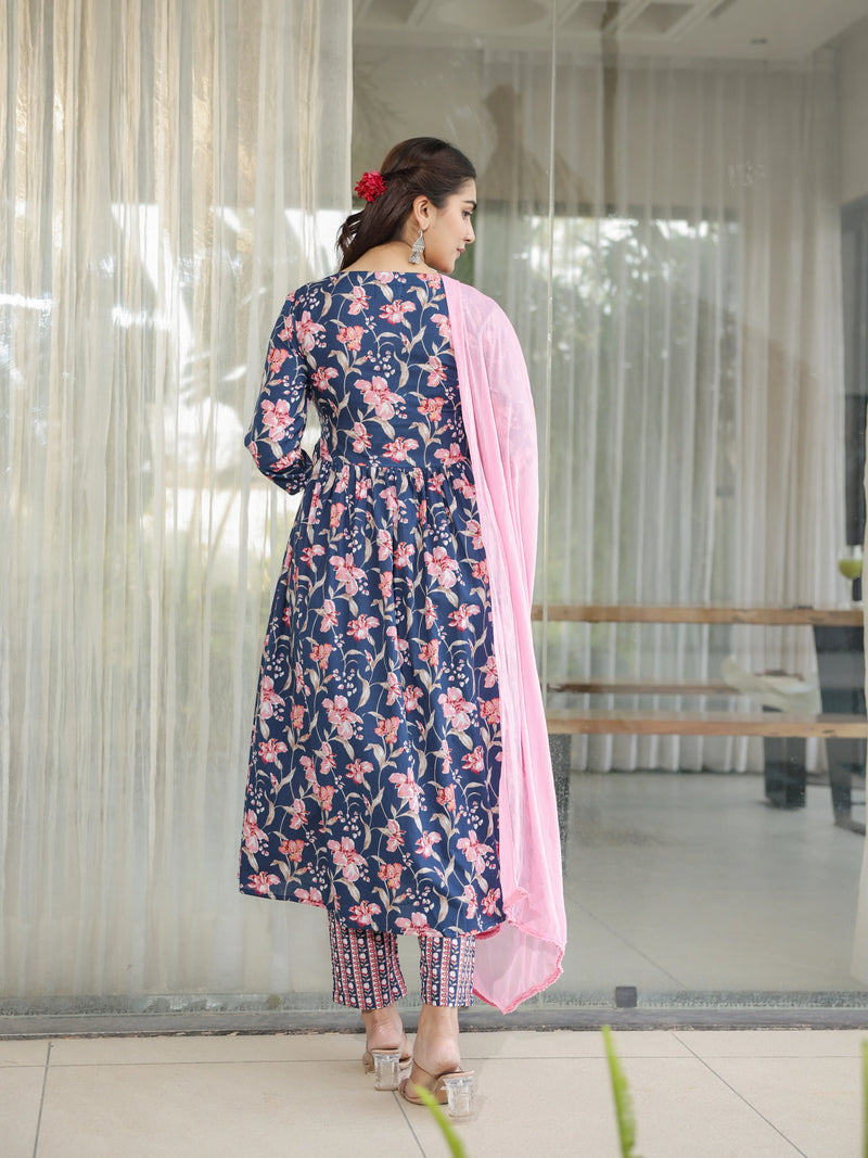 Neelpari – Navy Floral Cotton Suit Set with Dupatta