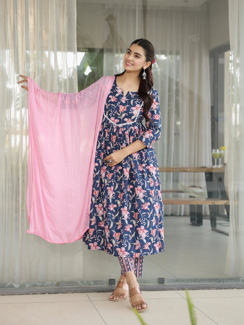 Neelpari – Navy Floral Cotton Suit Set with Dupatta