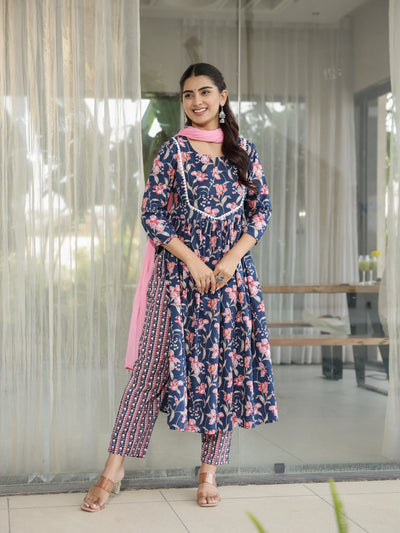 Neelpari – Navy Floral Cotton Suit Set with Dupatta