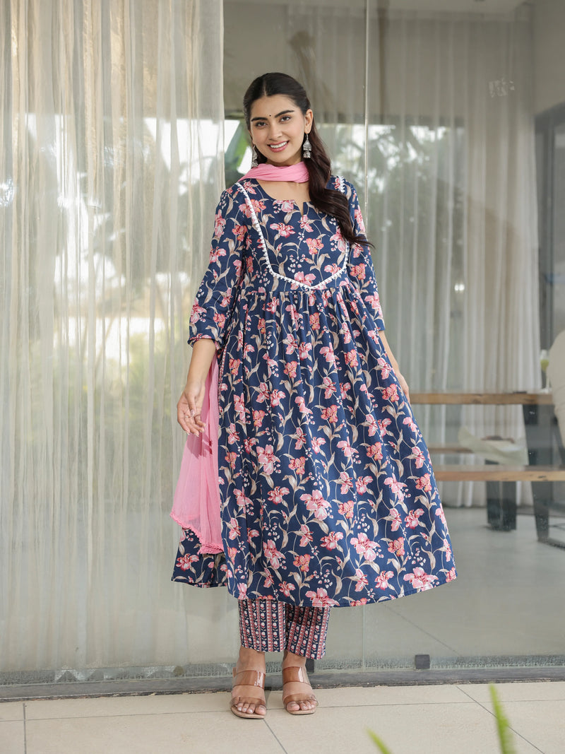 Neelpari – Navy Floral Cotton Suit Set with Dupatta