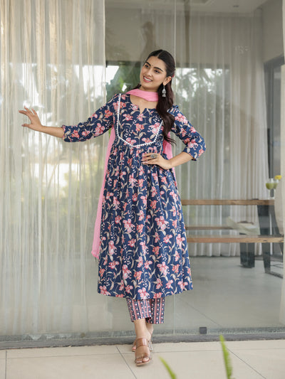 Neelpari – Navy Floral Cotton Suit Set with Dupatta