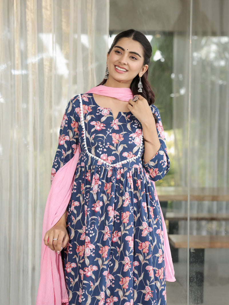 Neelpari – Navy Floral Cotton Suit Set with Dupatta