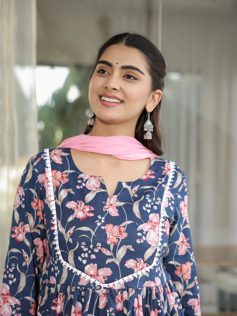 Neelpari – Navy Floral Cotton Suit Set with Dupatta