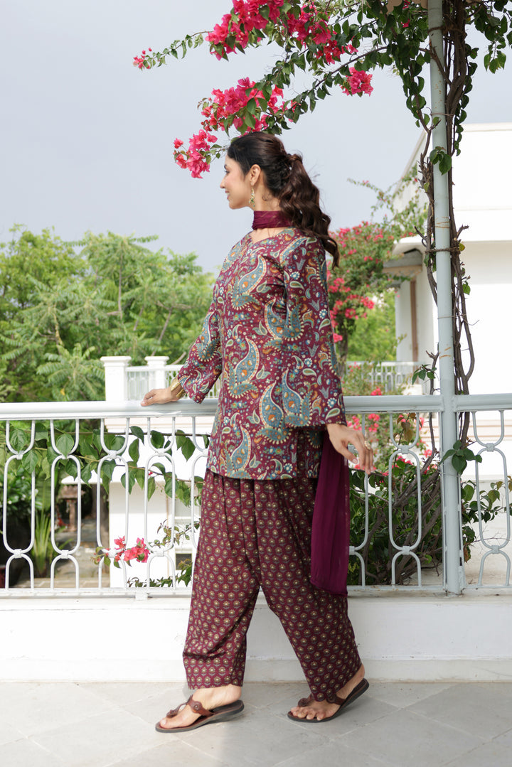 Nargis Wine Paisley Cotton Farshi Salwar Suit Set