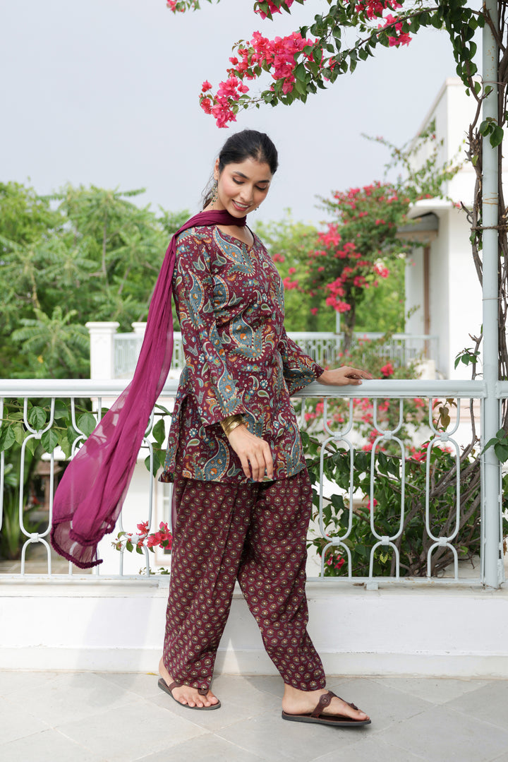 Nargis Wine Paisley Cotton Farshi Salwar Suit Set