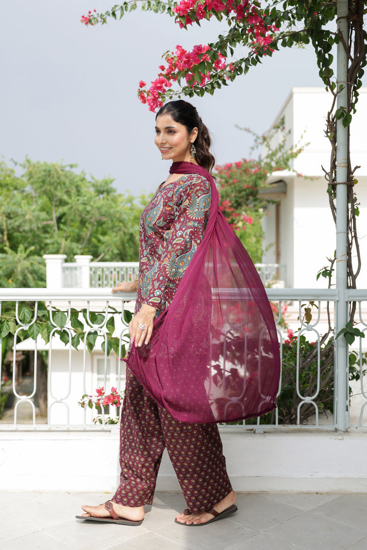 Nargis Wine Paisley Cotton Farshi Salwar Suit Set