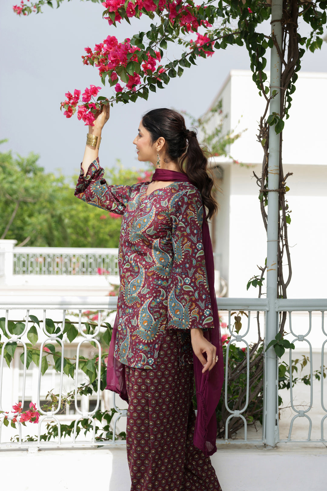 Nargis Wine Paisley Cotton Farshi Salwar Suit Set