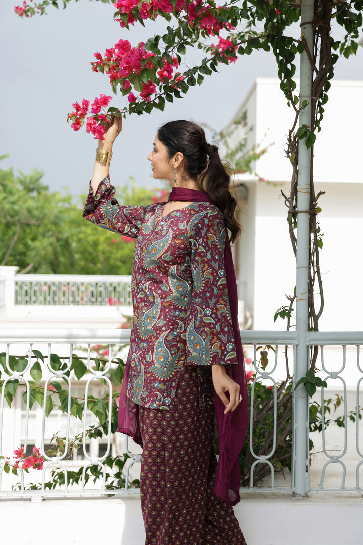 Nargis Wine Paisley Cotton Farshi Salwar Suit Set