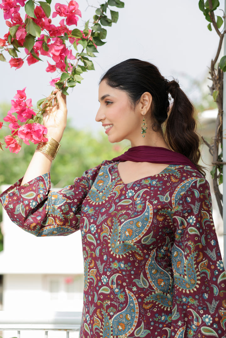 Nargis Wine Paisley Cotton Farshi Salwar Suit Set