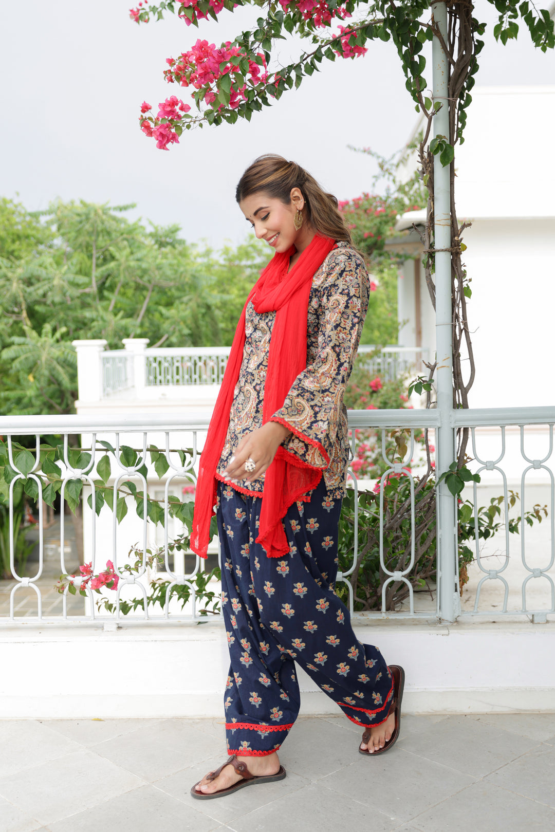 Afsana Navy Blue Paisley Cotton Kurta Pant Set
