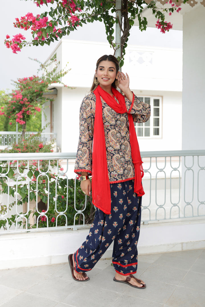 Afsana Navy Blue Paisley Cotton Kurta Pant Set