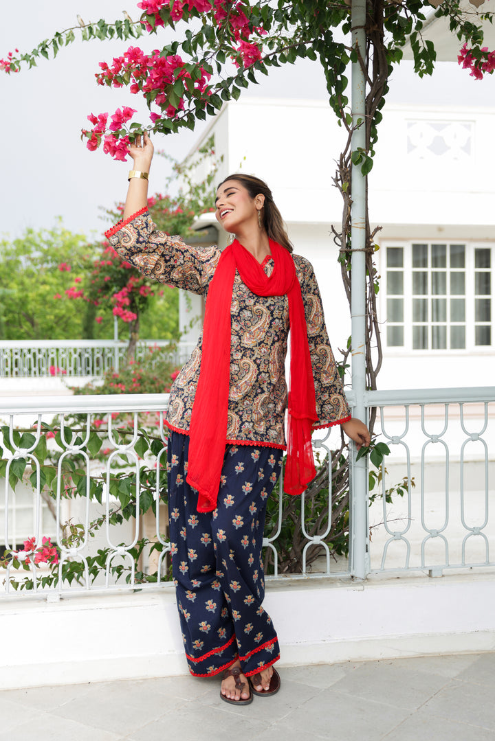 Afsana Navy Blue Paisley Cotton Kurta Pant Set