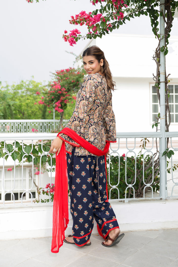 Afsana Navy Blue Paisley Cotton Kurta Pant Set