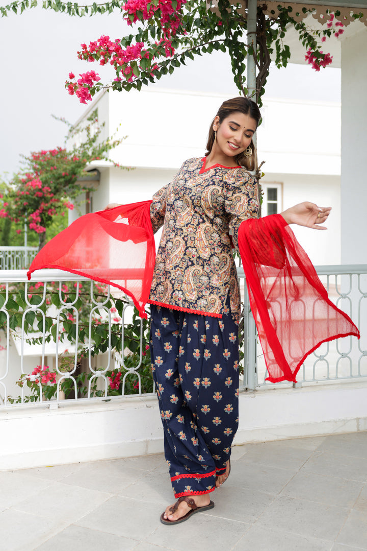 Afsana Navy Blue Paisley Cotton Kurta Pant Set