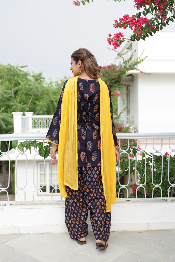 Aaradhya Navy Blue Floral Buta Cotton Kurta Pant Set