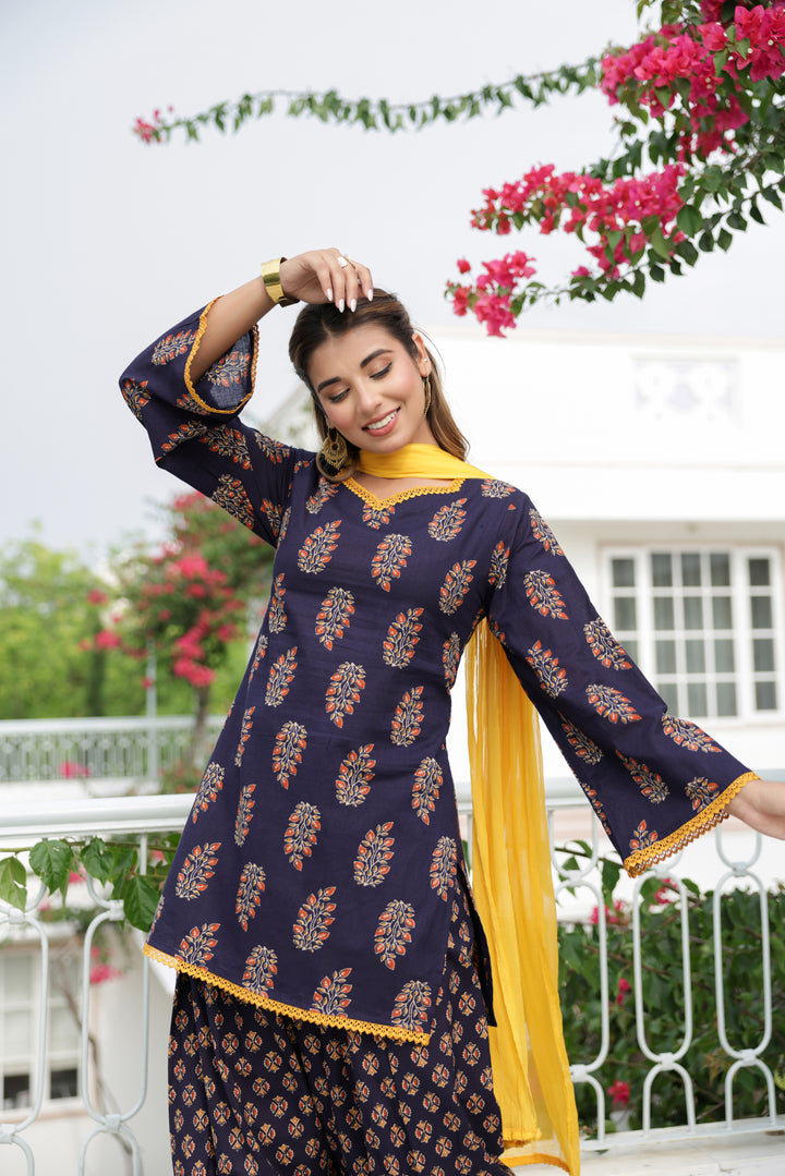 Aaradhya Navy Blue Floral Buta Cotton Kurta Pant Set