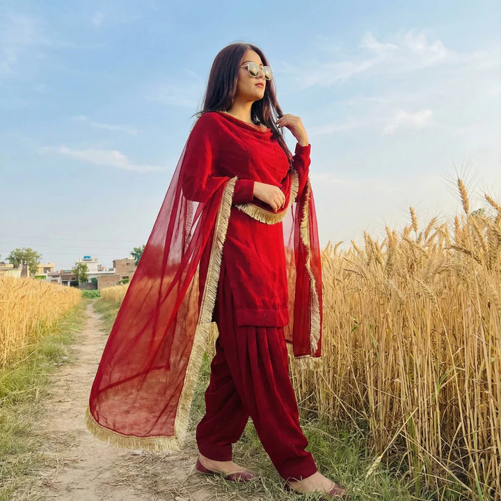"Heer" — Deep Crimson Roman Silk Suit Set with Organza Dupatta