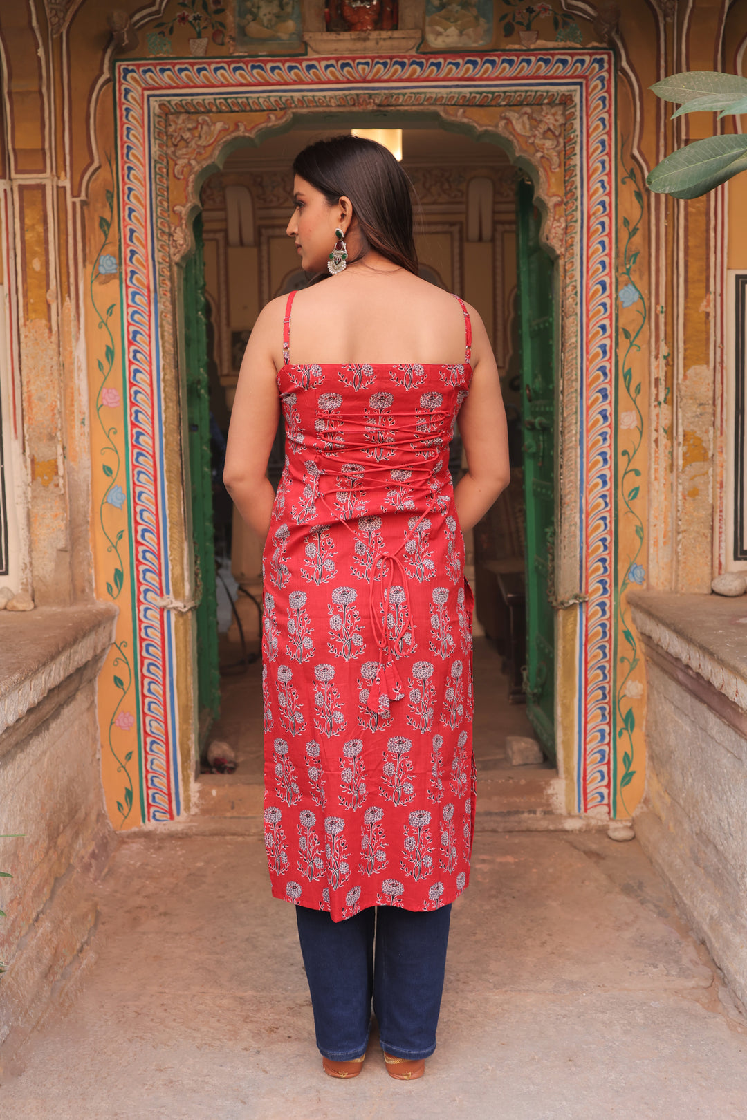 The Kavya Sanganeri Floral Corset-Back Strappy Kurti