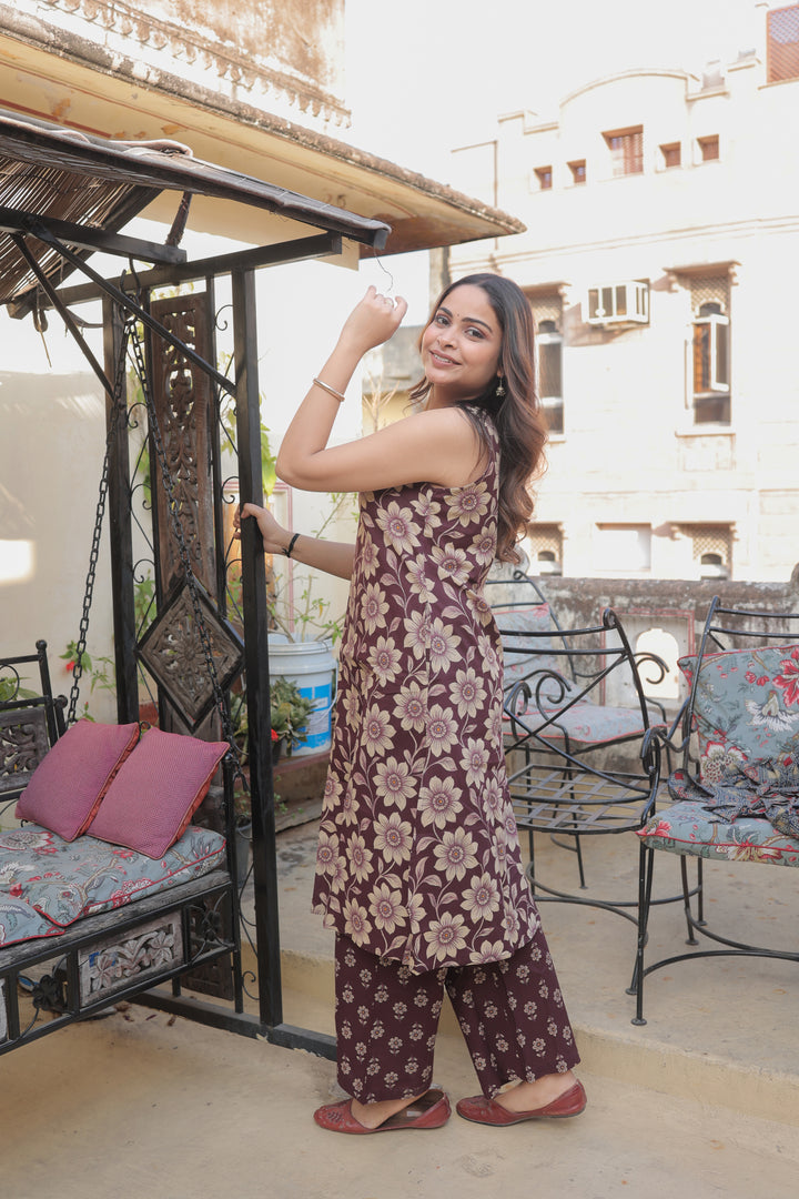 The Ananya Chocolate Brown Floral Printed Cotton Sleeveless Kurta & Pant Set