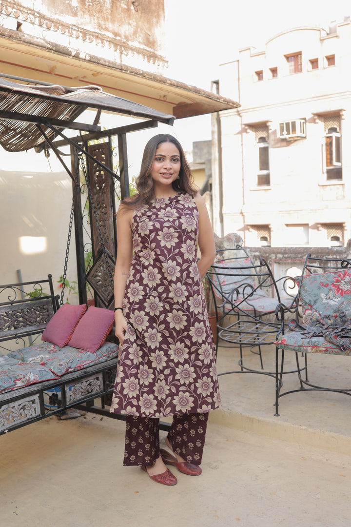 The Ananya Chocolate Brown Floral Printed Cotton Sleeveless Kurta & Pant Set