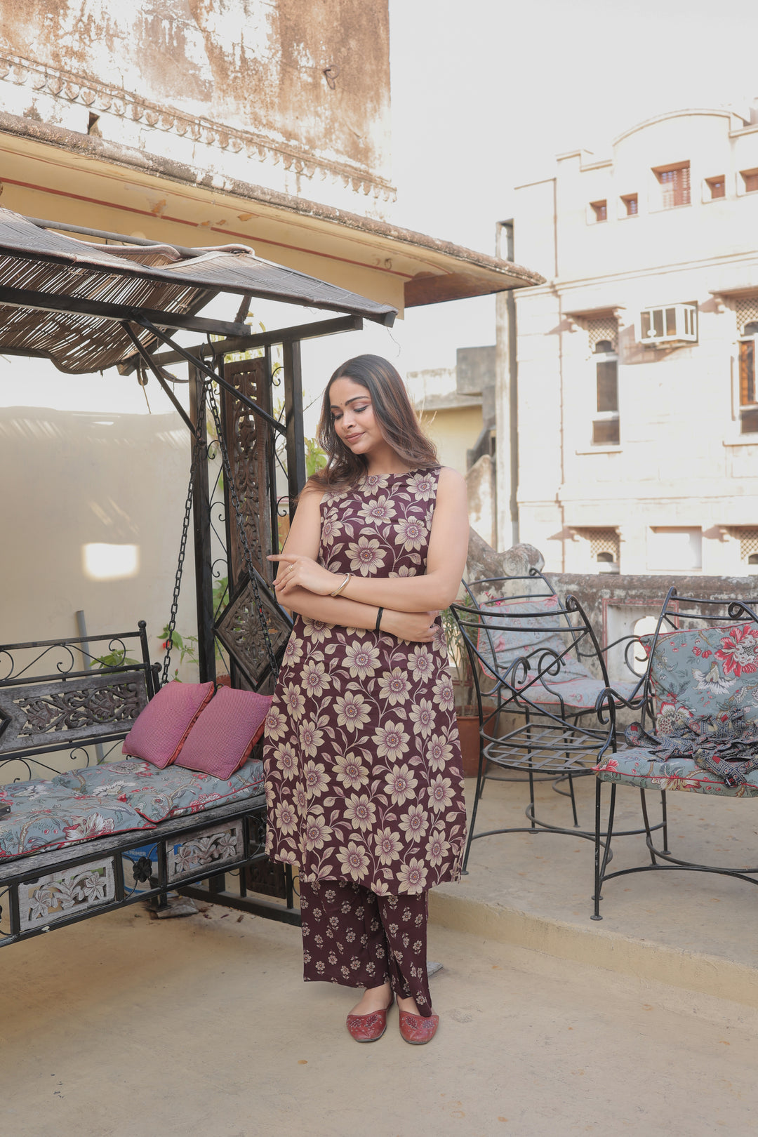 The Ananya Chocolate Brown Floral Printed Cotton Sleeveless Kurta & Pant Set