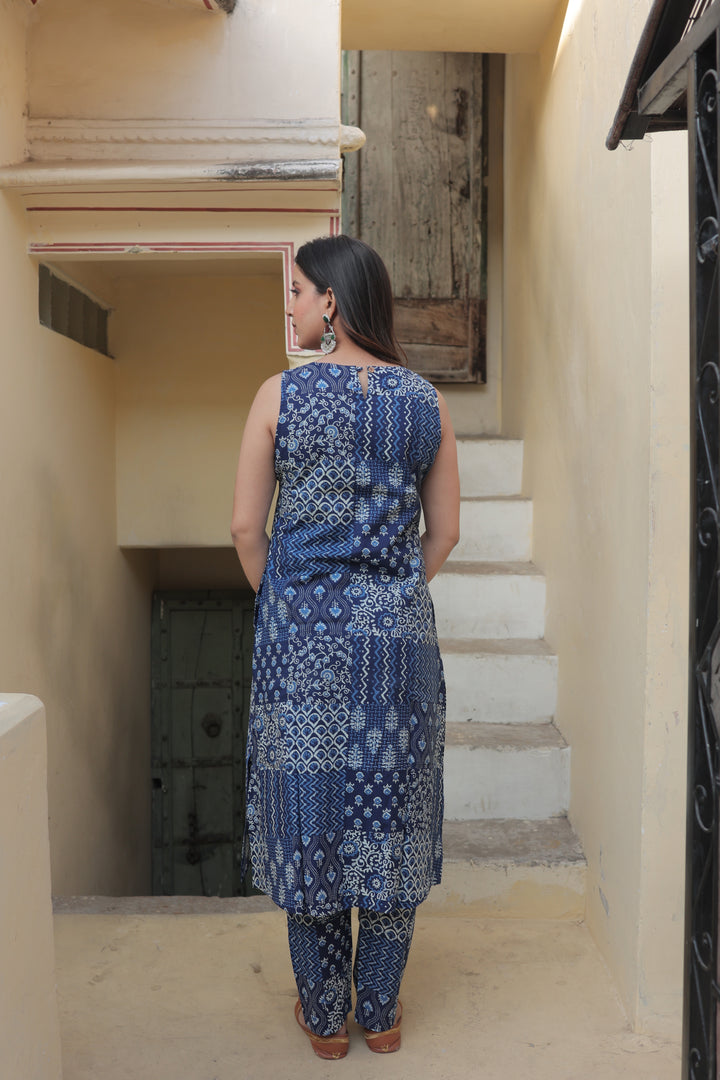 The Navya Sanganeri Indigo Patchwork Kurta-Pant Set