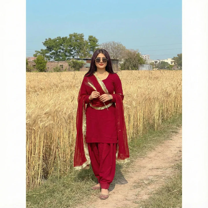 "Heer" — Deep Crimson Roman Silk Suit Set with Organza Dupatta
