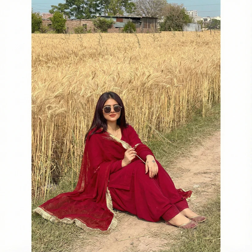 "Heer" — Deep Crimson Roman Silk Suit Set with Organza Dupatta