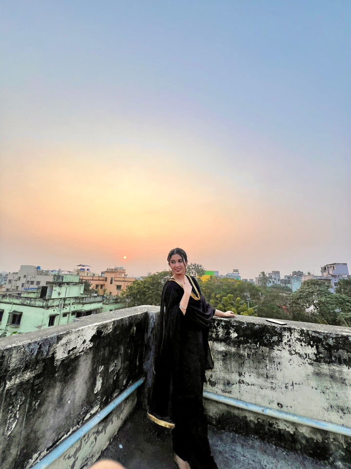 "Mannat" — Black Roman Silk Suit Set with Gold Kiran Organza Dupatta