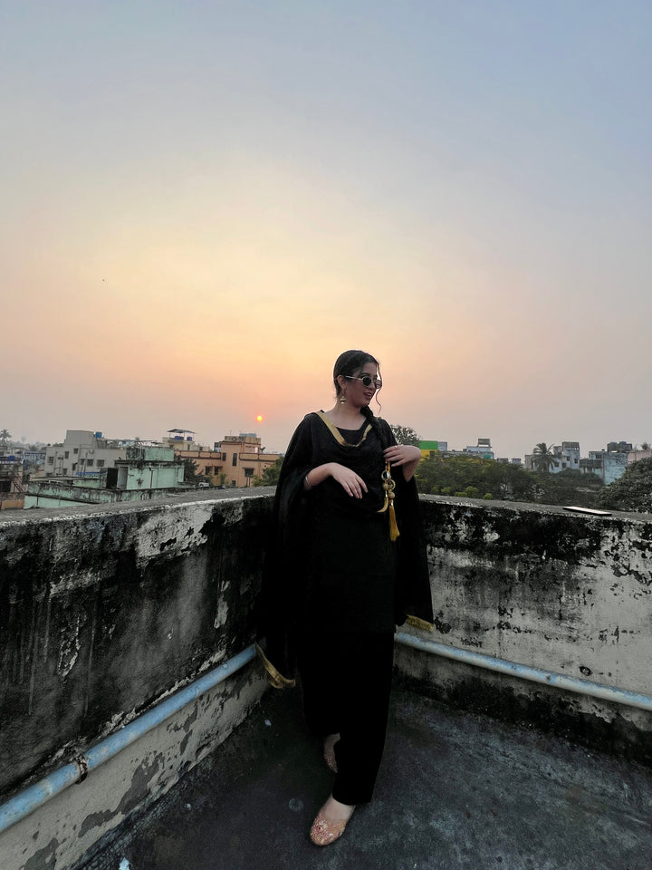 "Mannat" — Black Roman Silk Suit Set with Gold Kiran Organza Dupatta