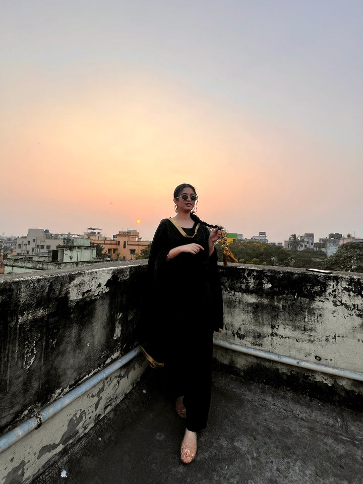 "Mannat" — Black Roman Silk Suit Set with Gold Kiran Organza Dupatta