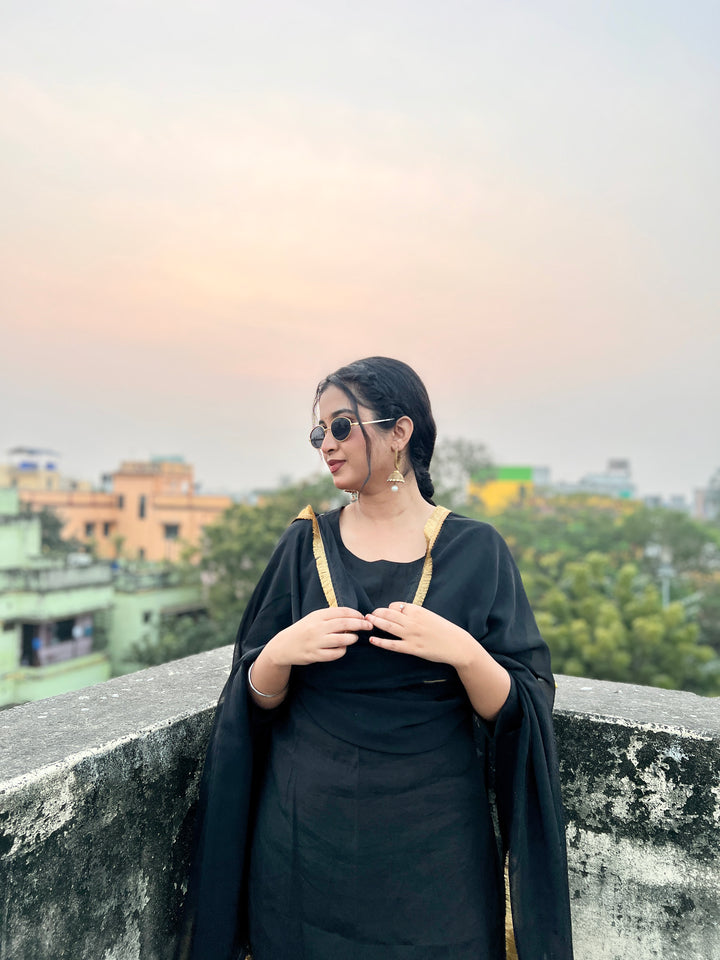 "Mannat" — Black Roman Silk Suit Set with Gold Kiran Organza Dupatta