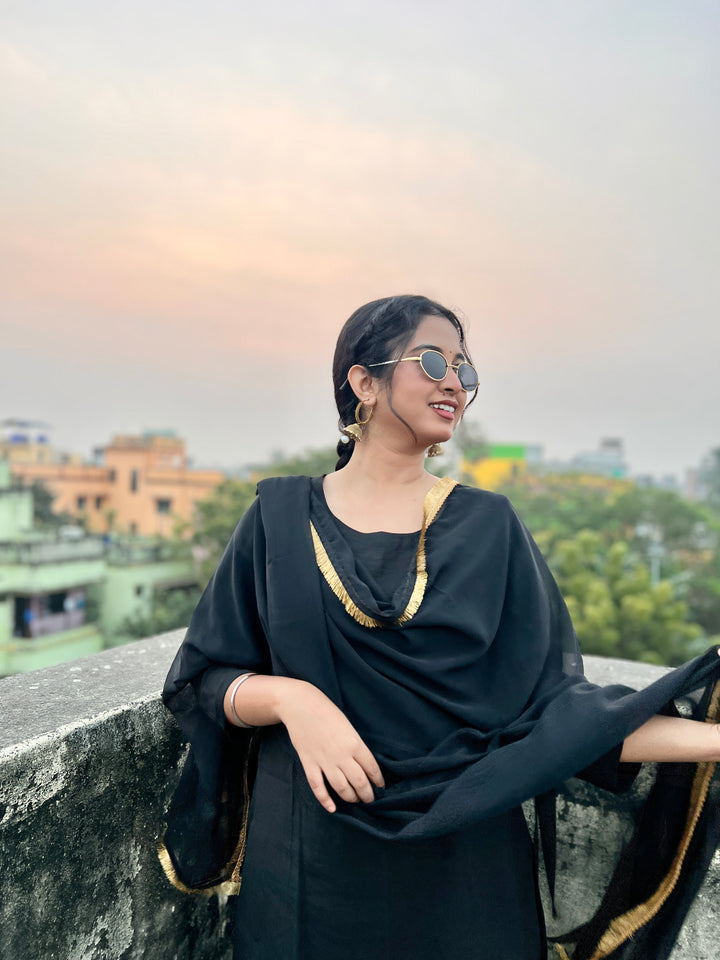 "Mannat" — Black Roman Silk Suit Set with Gold Kiran Organza Dupatta