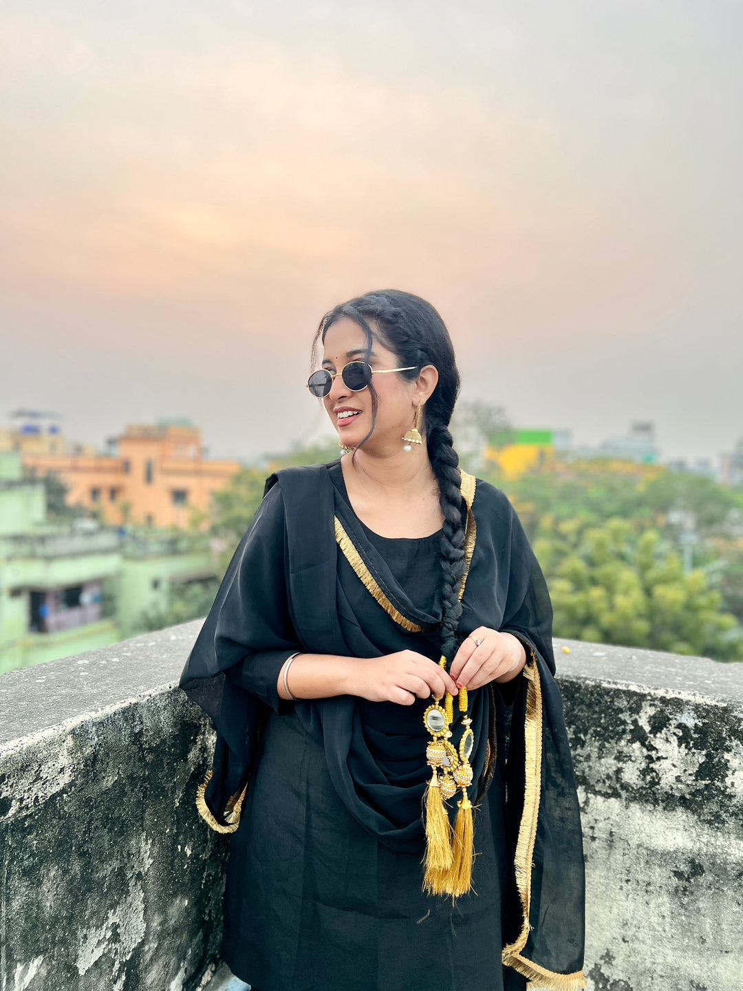 "Mannat" — Black Roman Silk Suit Set with Gold Kiran Organza Dupatta