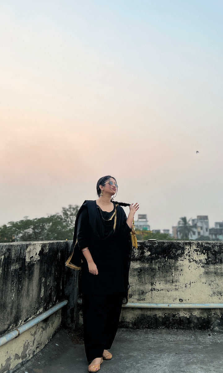 "Mannat" — Black Roman Silk Suit Set with Gold Kiran Organza Dupatta
