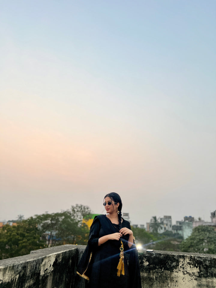 "Mannat" — Black Roman Silk Suit Set with Gold Kiran Organza Dupatta