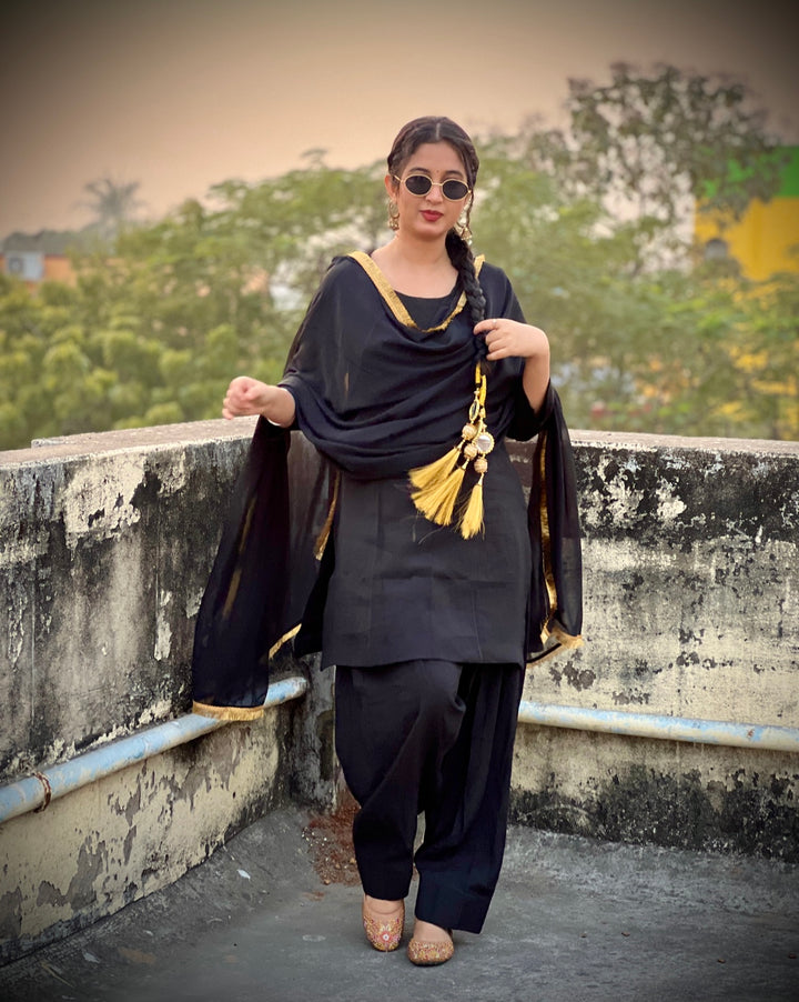 "Mannat" — Black Roman Silk Suit Set with Gold Kiran Organza Dupatta