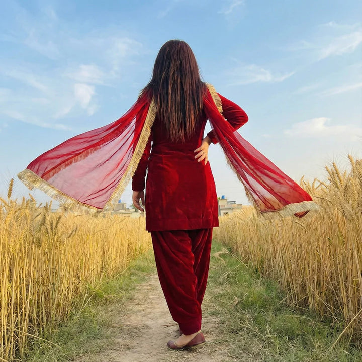 "Heer" — Deep Crimson Roman Silk Suit Set with Organza Dupatta
